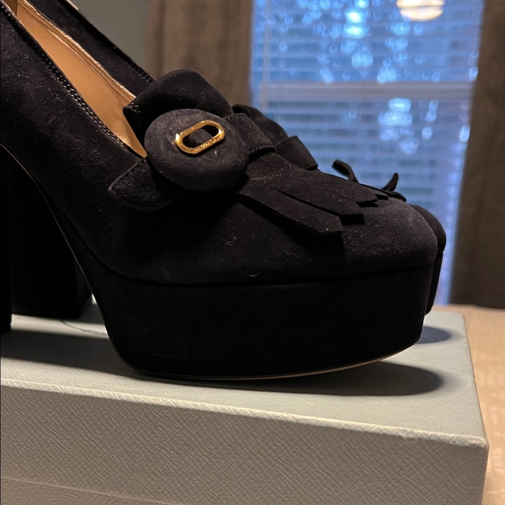 Prada Black Suede Platform Heels with Fringe - Picture 6 of 16